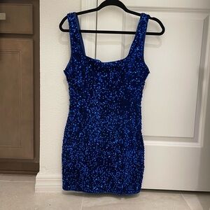 Lulus Seeing Sparkles Royal Blue Velvet Sequin Square Neck Mini Dress